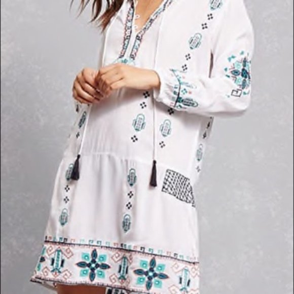 White Bohemian Embroidered Tunic Dress S - Picture 5 of 6